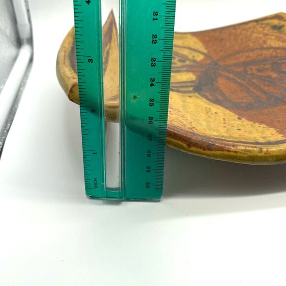 Vintage Butterfly signed Studio Pottery Gold Burnt orange footed dish signed - Picture 8 of 10